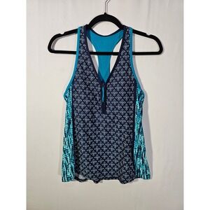 Geometric Sporty Beach House Tankini Swim Top Womens 10 Navy Turquoise
